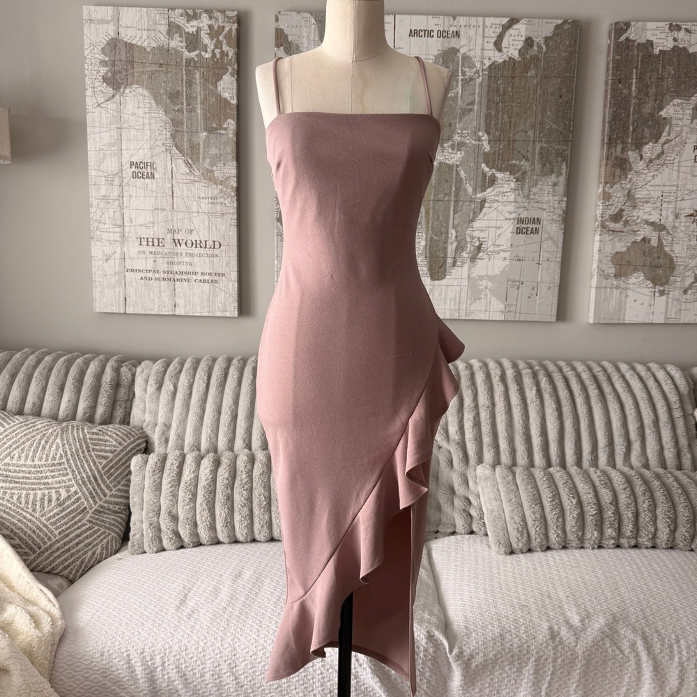 Windsor Mauve Pink Ruffle Side High Low Bodycon Midi Dress GD13828 Womens Medium
